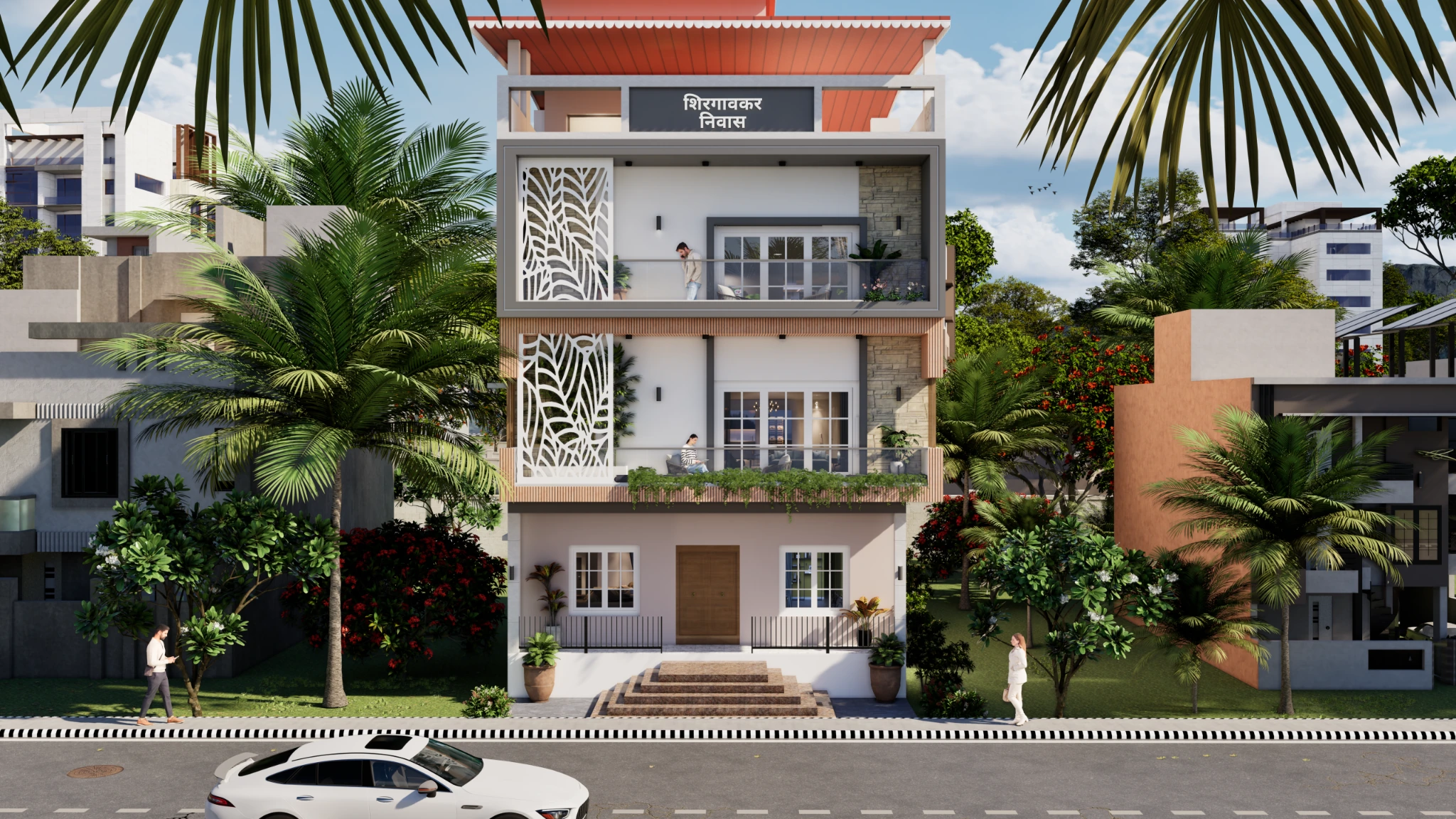 Straight-on front elevation of Shirgaonkar Nivas showing the decorative balcony screens and entrance