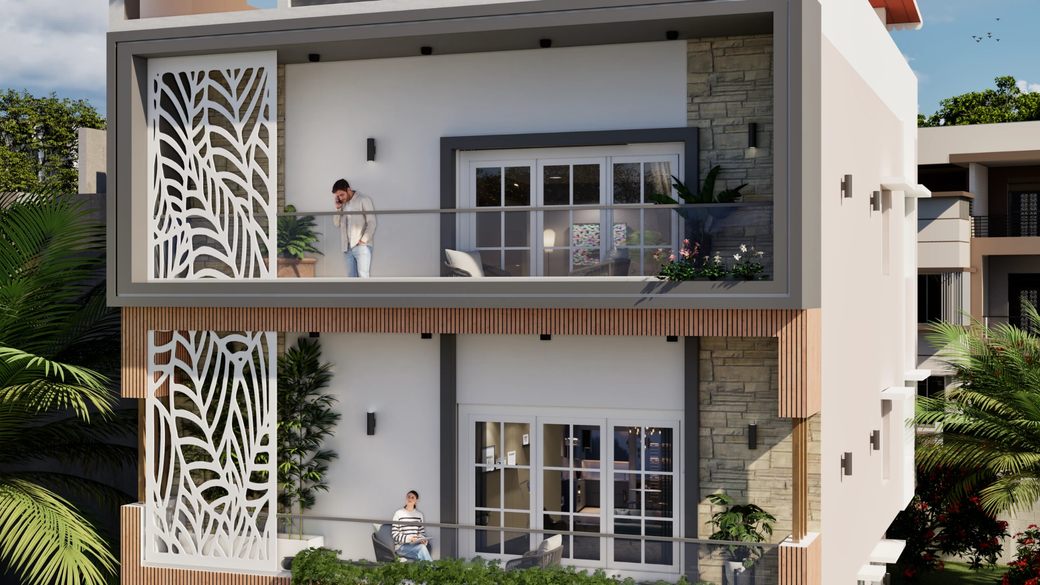 Close view of the residence balconies with leaf-pattern screens, timber cladding and planting
