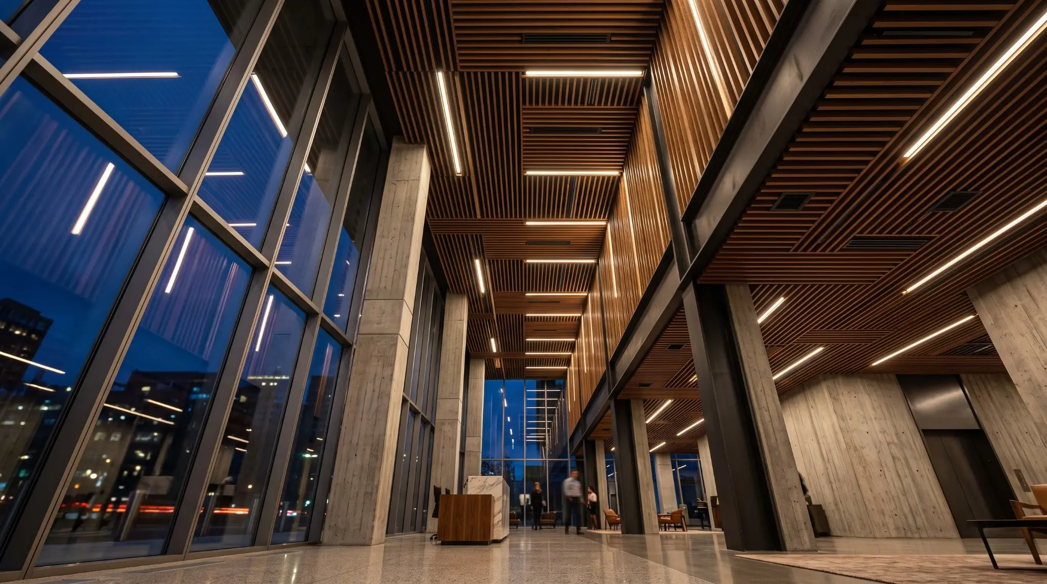 Warm timber-lined clubhouse lobby architectural visualization at night