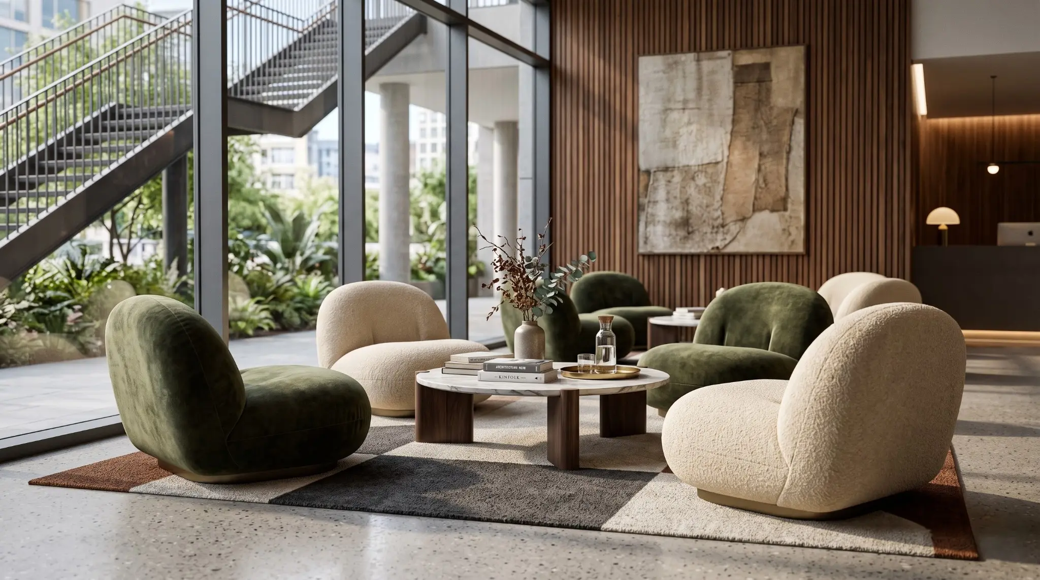 Daylit contemporary clubhouse lounge with sculptural seating