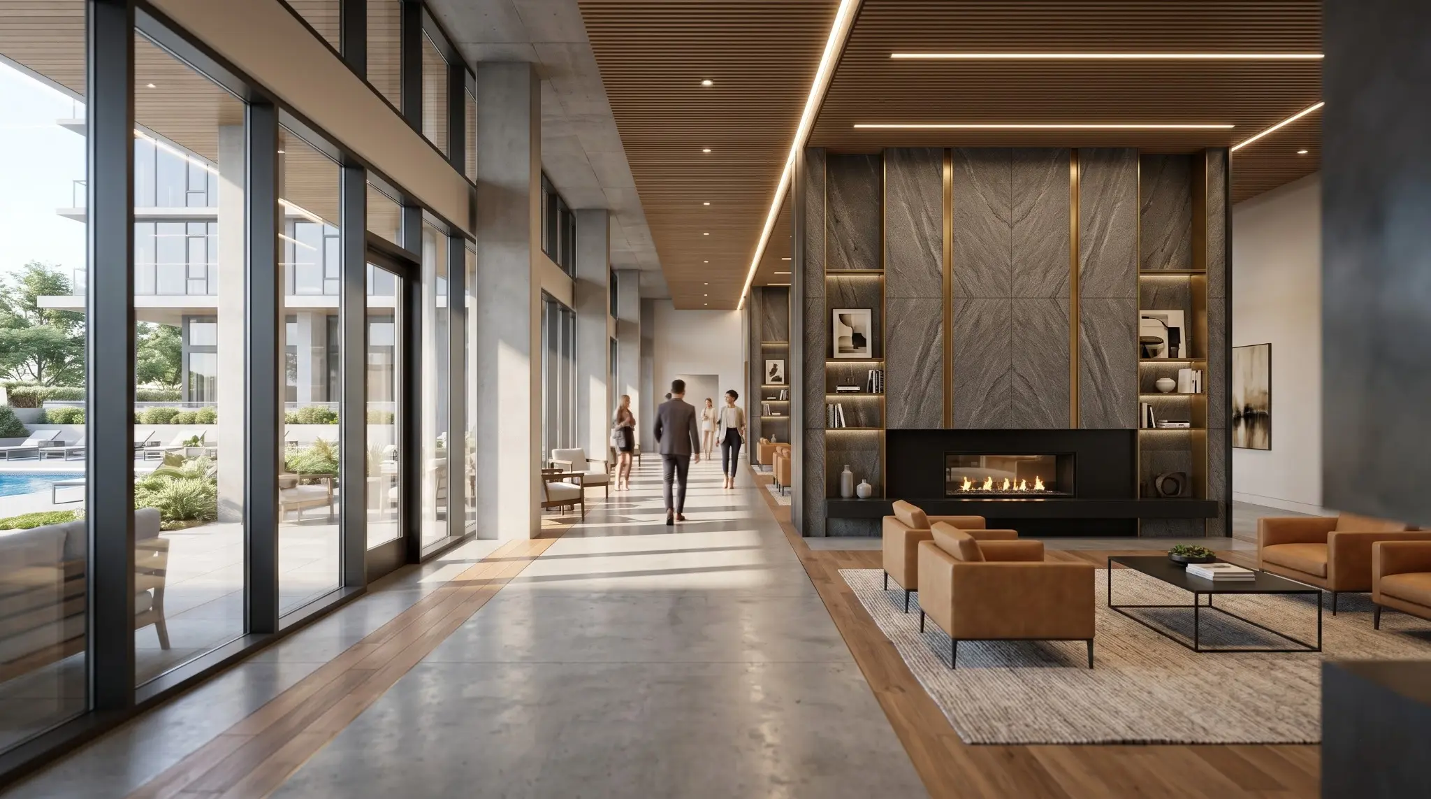 Minimal clubhouse gallery with fireplace and garden-facing glazing