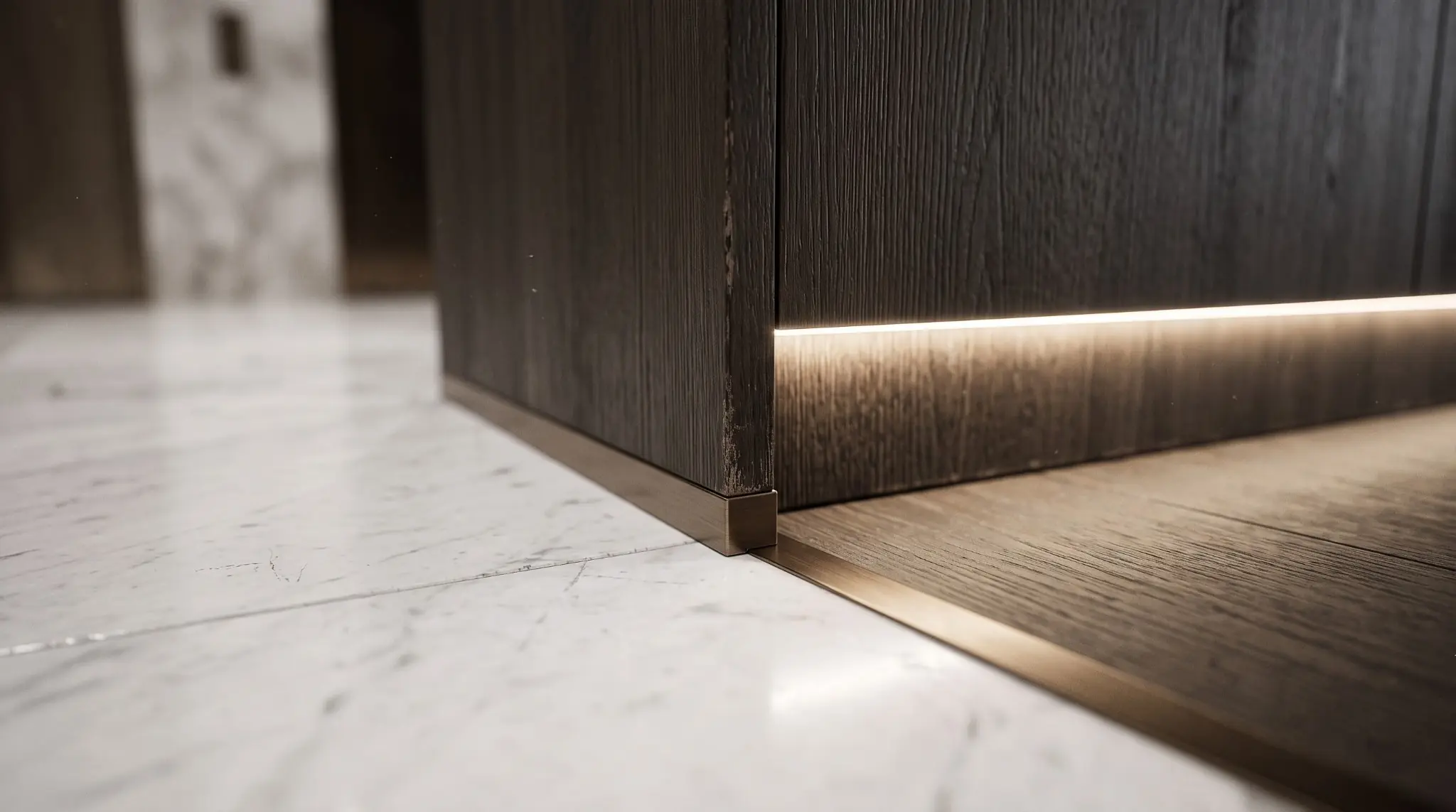 Architectural detail visualization of dark timber joinery meeting a pale stone floor with concealed lighting