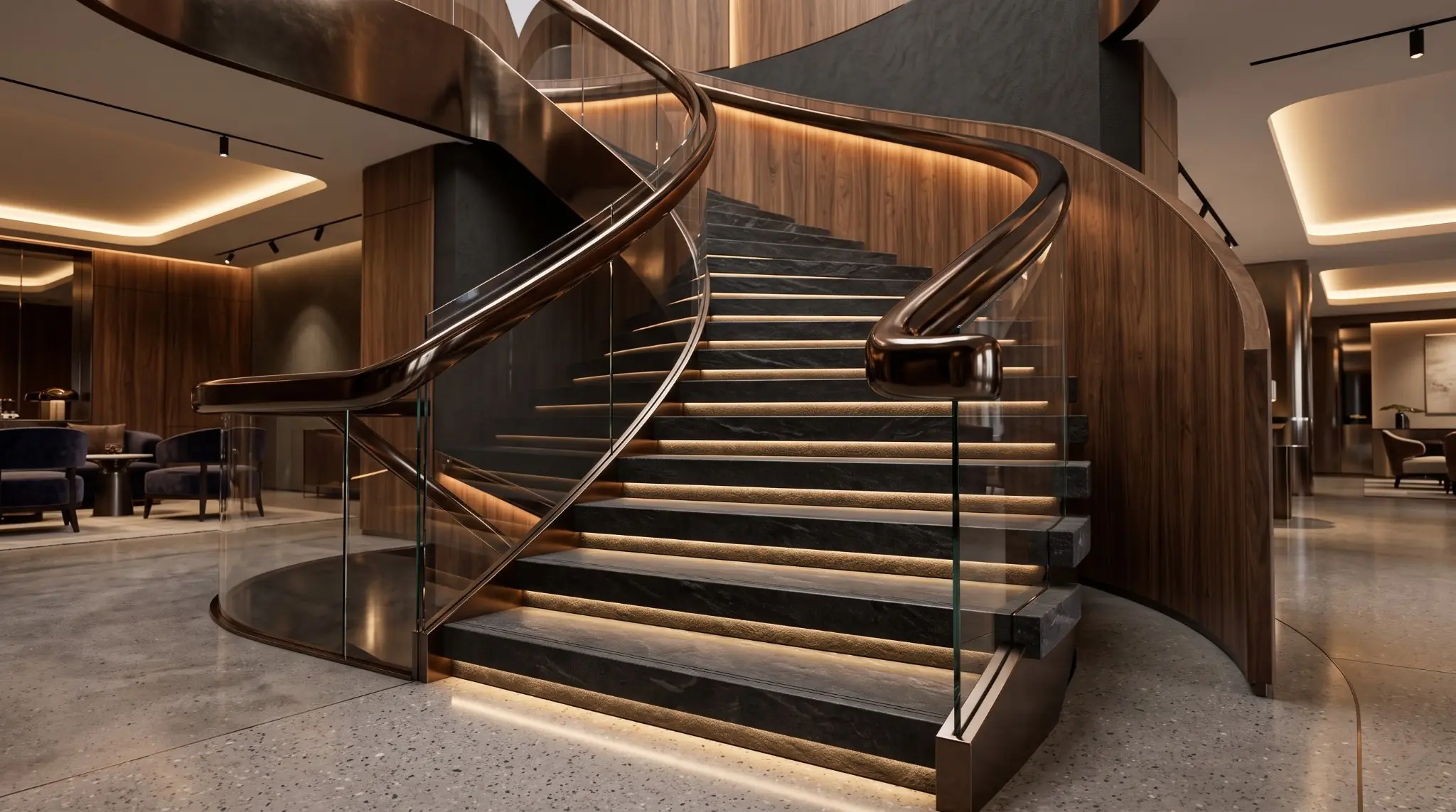 Grand curved staircase in a warm timber clubhouse interior