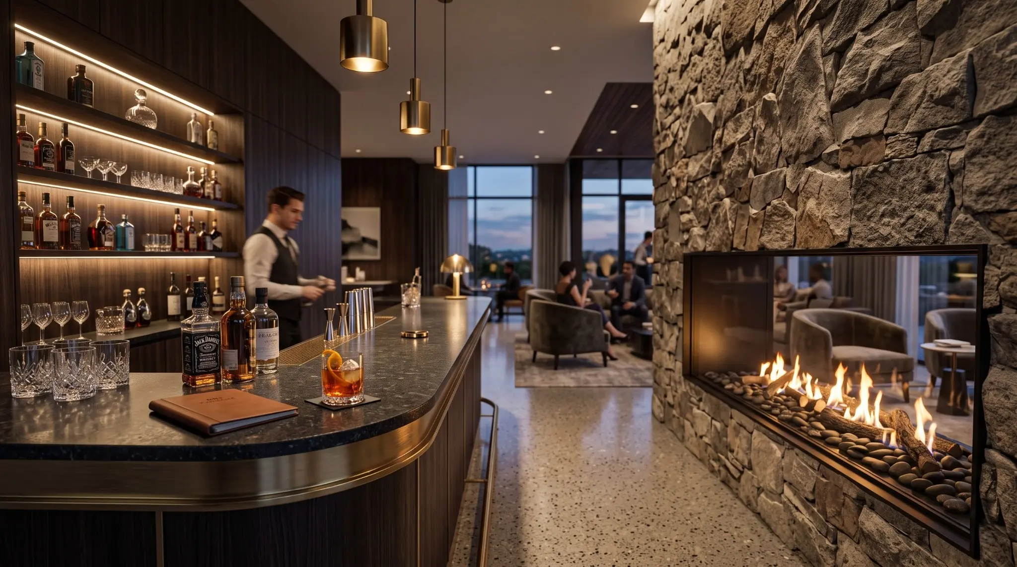 Clubhouse bar beside a long stone fireplace in a warmly lit hospitality interior