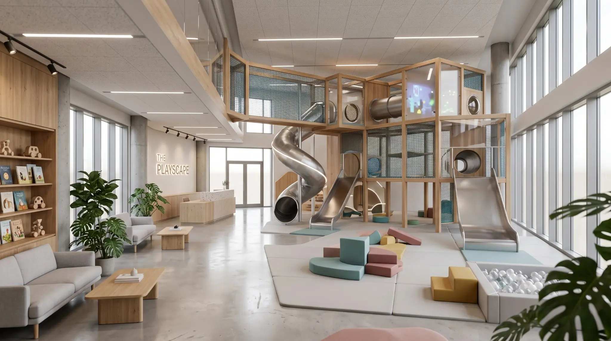 Bright double-height indoor play pavilion with timber climbing structures and slides