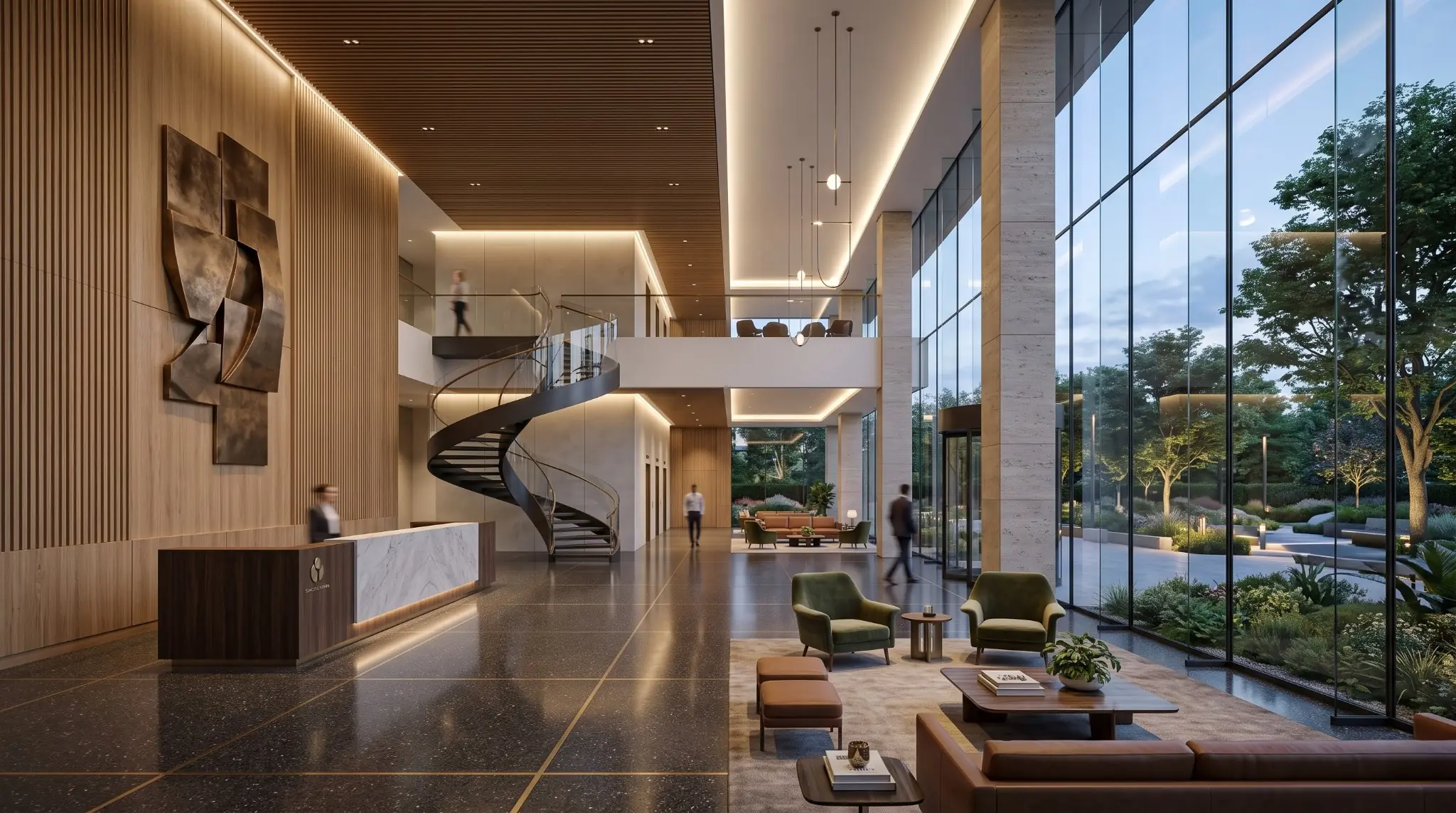 Modern clubhouse reception lobby with a sculptural spiral staircase and full-height glazing
