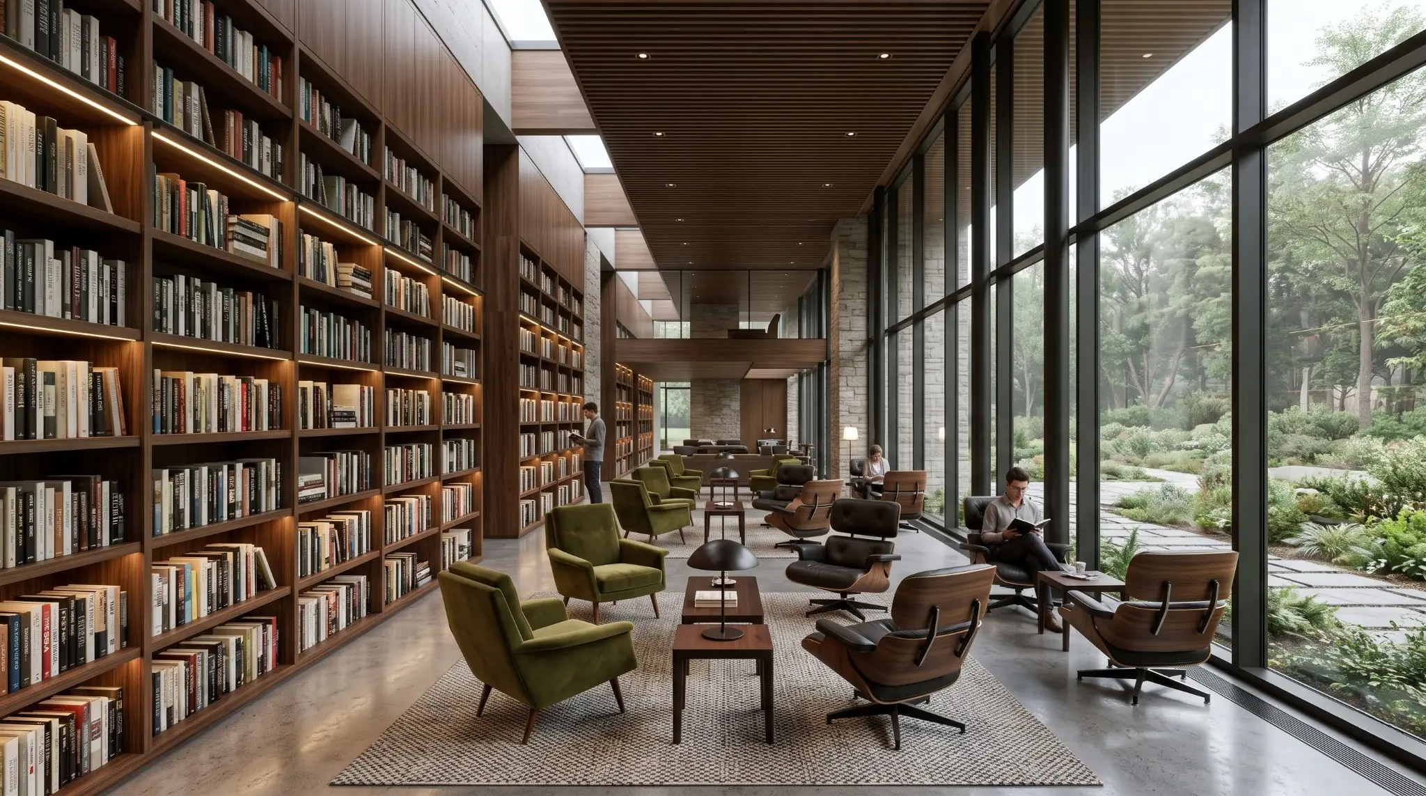Long contemporary clubhouse library with full-height bookshelves, lounge seating and garden-facing glazing