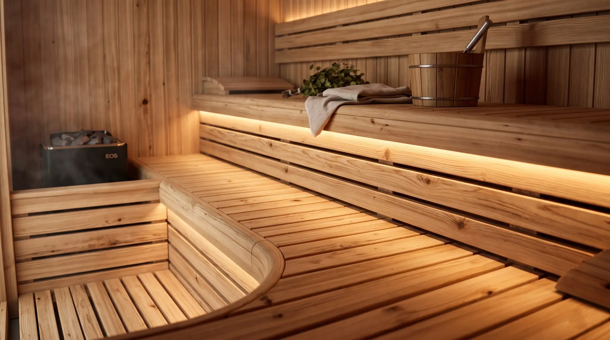 Modern timber sauna interior with tiered curved benches and concealed warm lighting