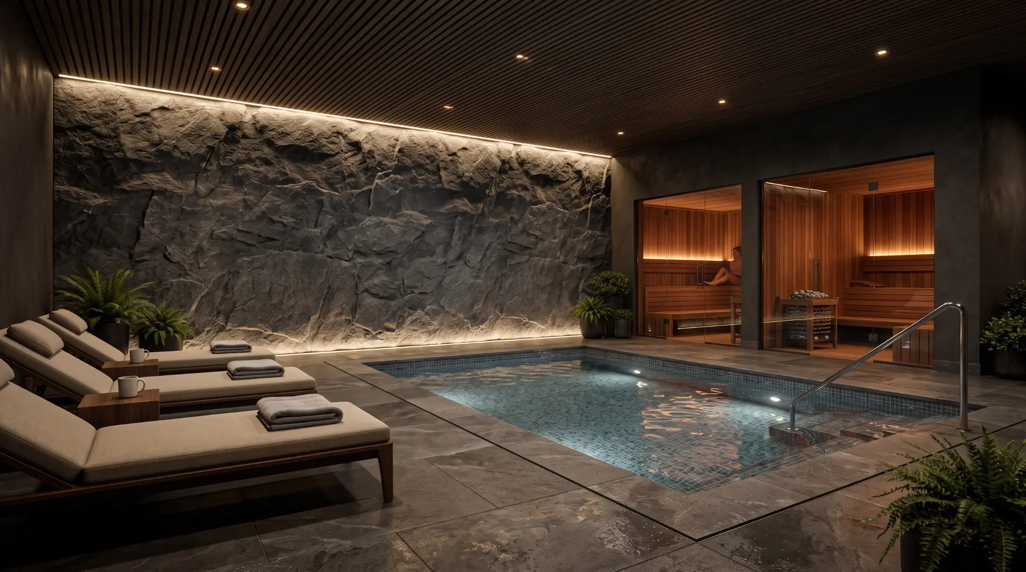 Luxury indoor spa pool beside a textured stone wall, loungers and timber sauna rooms