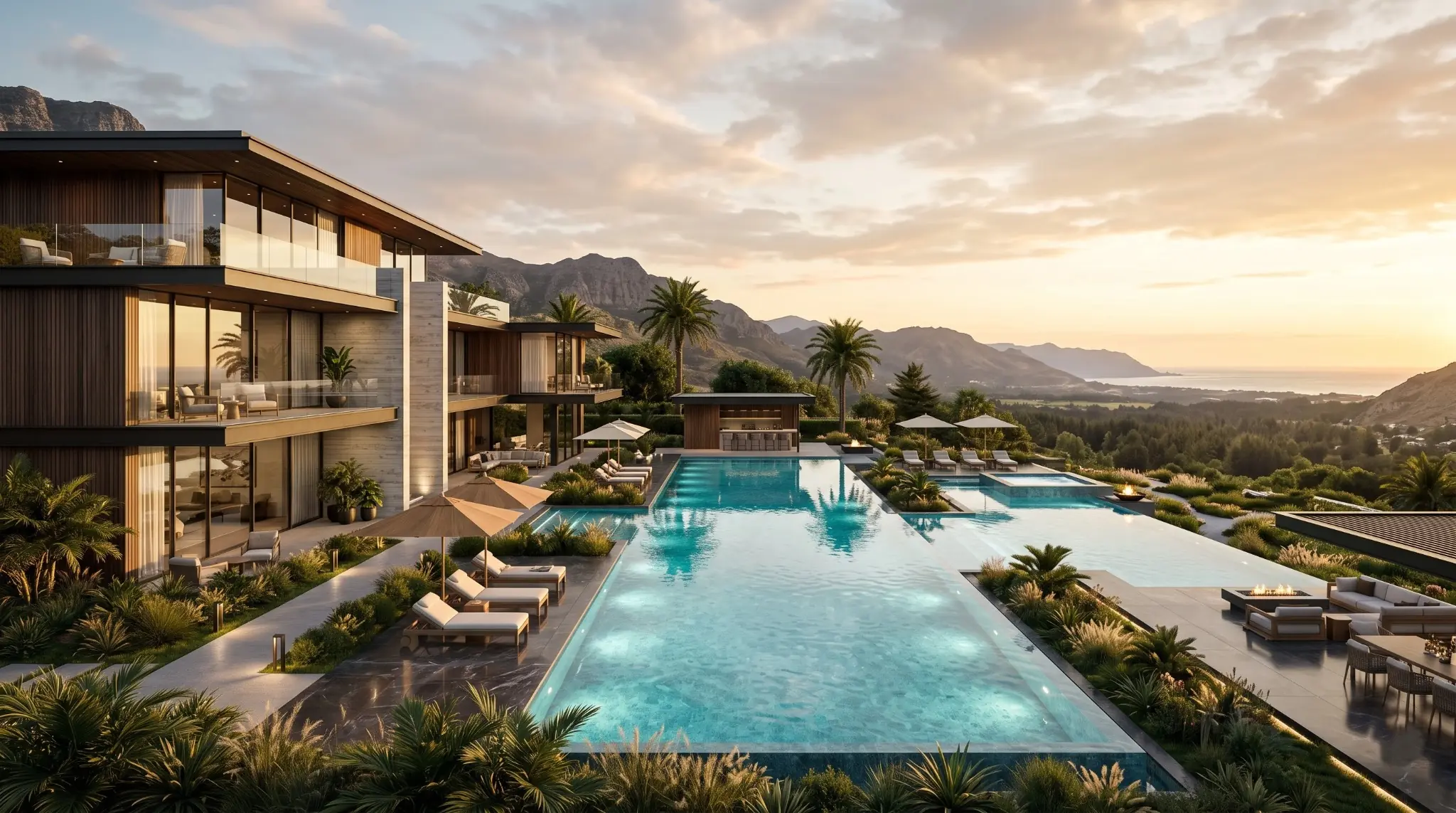 Large hillside resort infinity pool framed by villas, mountains and sunset landscape