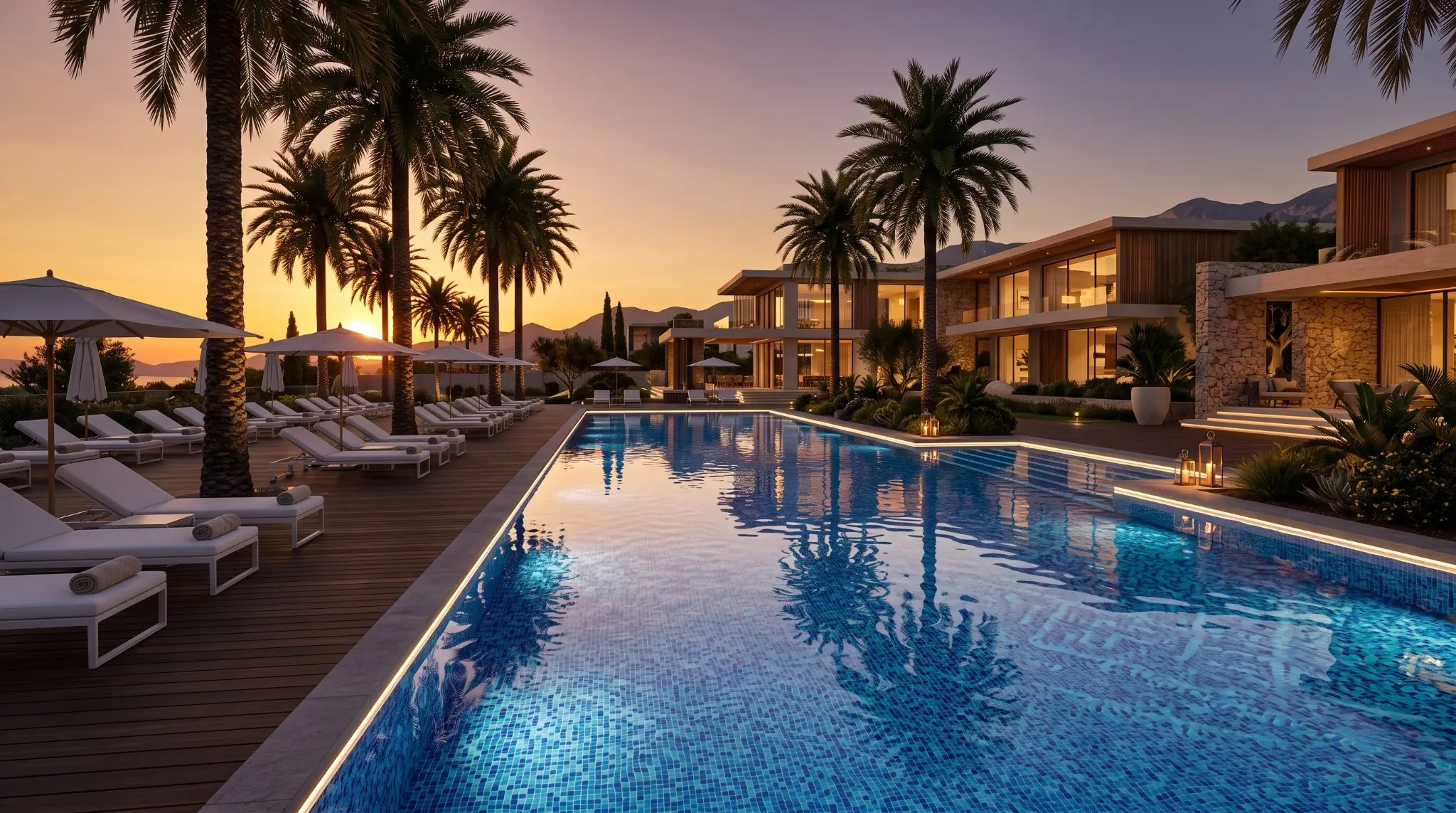 Luxury resort swimming pool at blue hour with palm trees, sun loungers and warmly lit villas