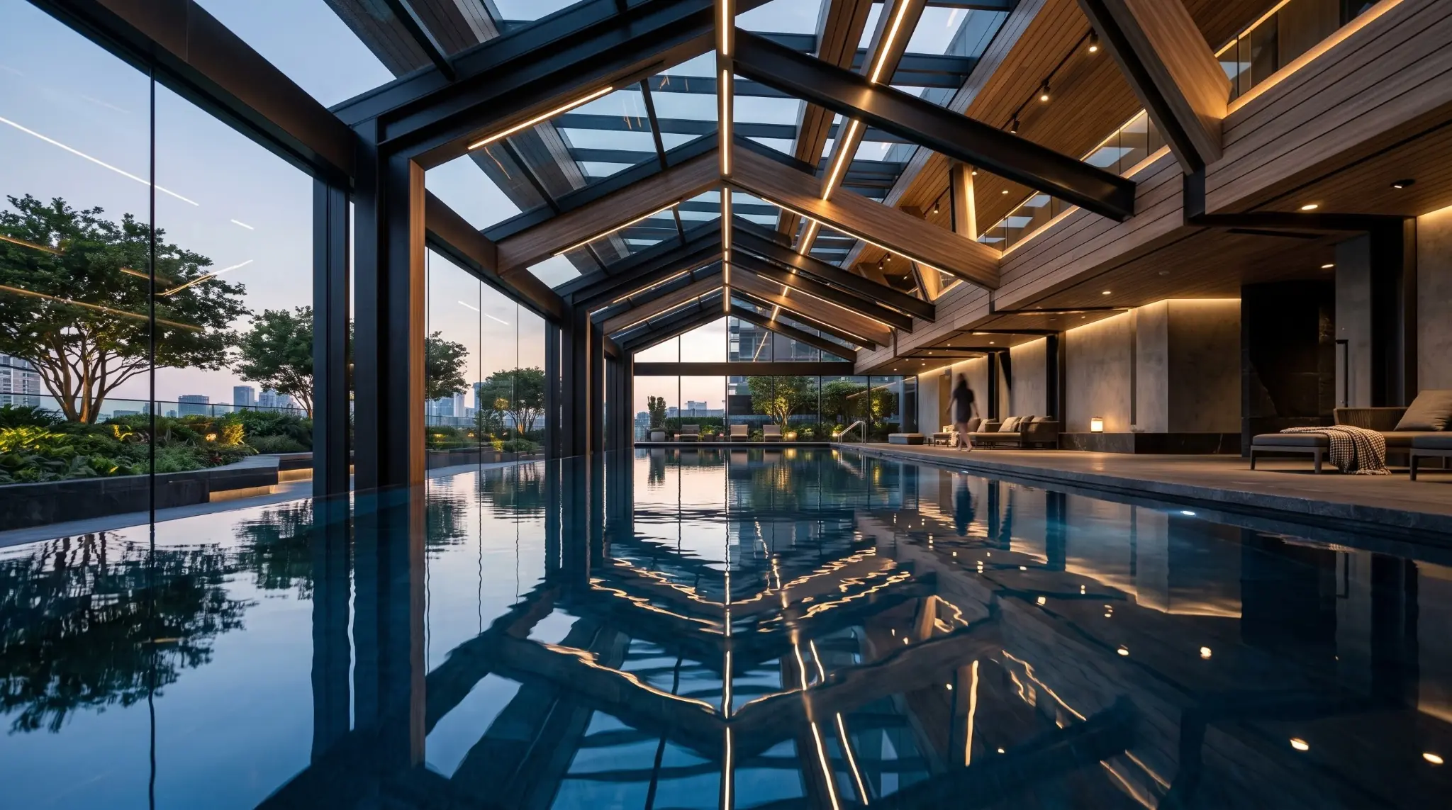 Indoor swimming pool beneath a glass and timber pavilion with deep reflections and evening light