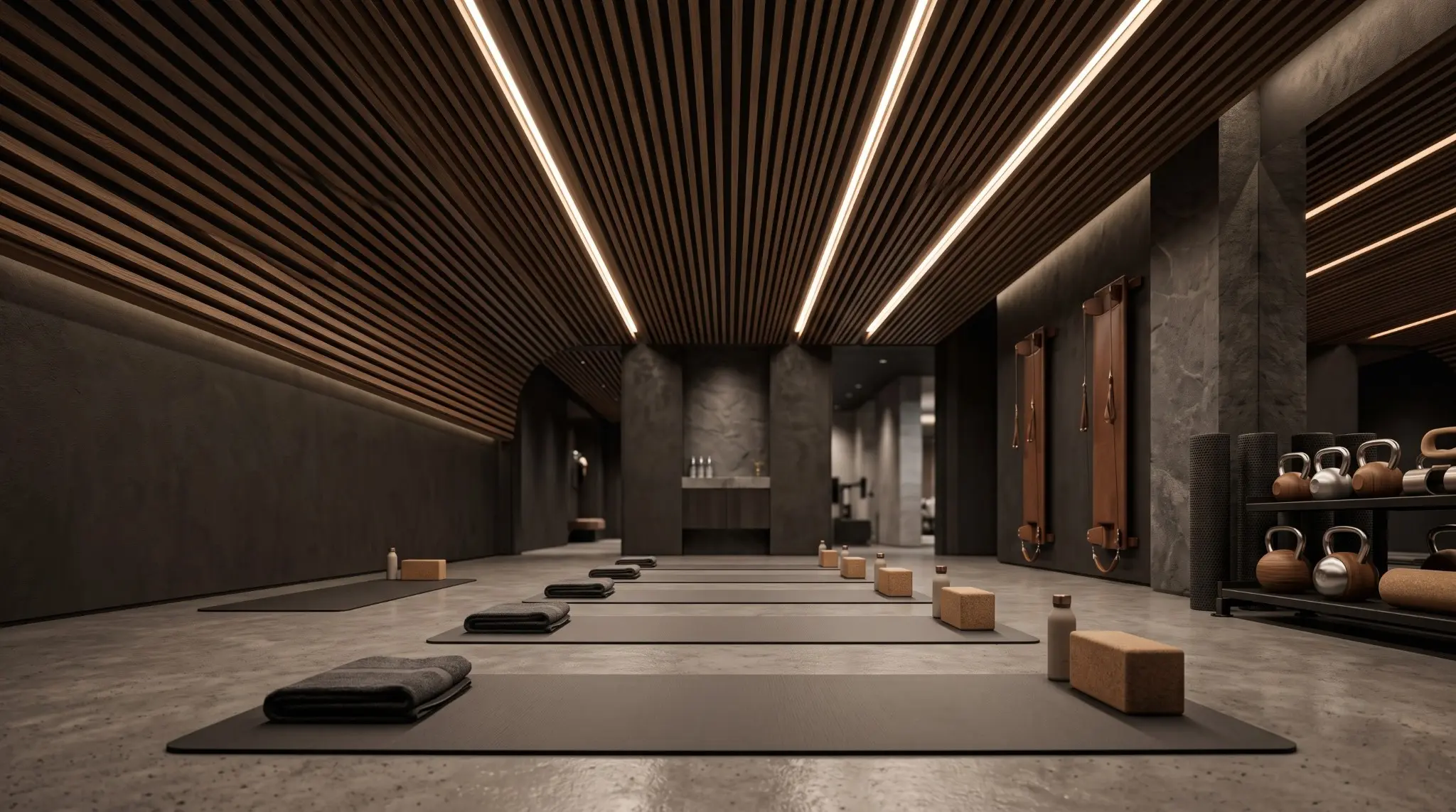 Minimal yoga and movement studio with timber ceiling, stone walls and integrated linear lighting