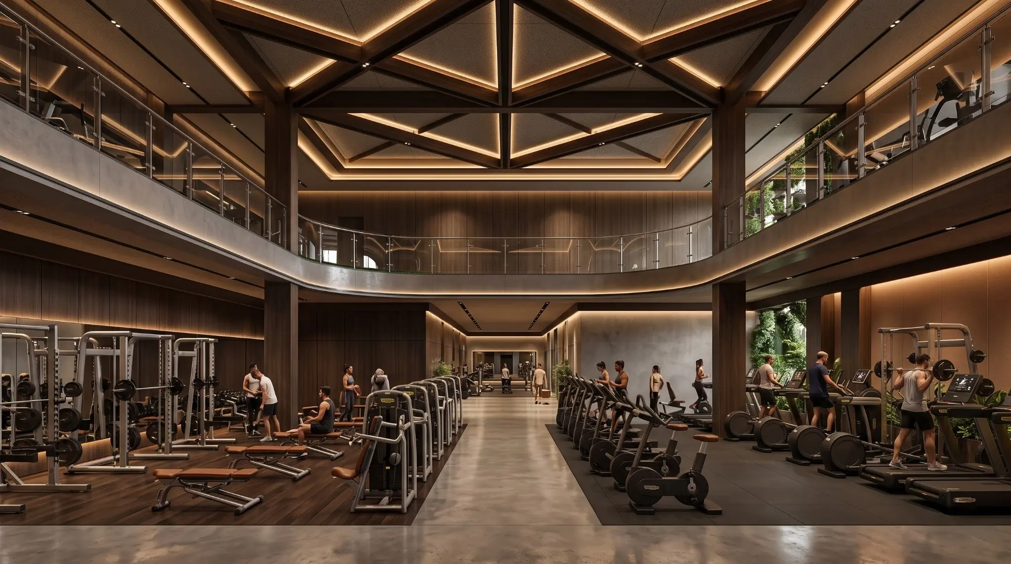 Large double-height fitness club with a geometric illuminated ceiling and two levels of equipment
