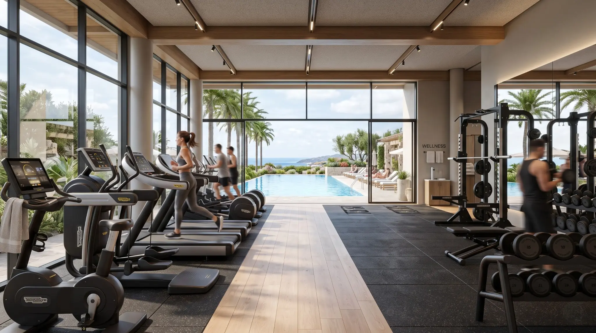 Bright clubhouse gym opening directly toward a swimming pool and landscaped horizon