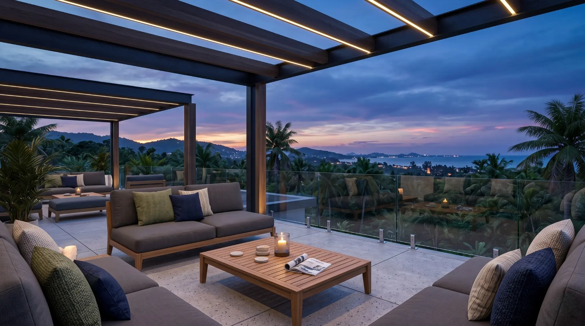Luxury rooftop clubhouse terrace with lounge seating, pergola lighting and a twilight landscape view