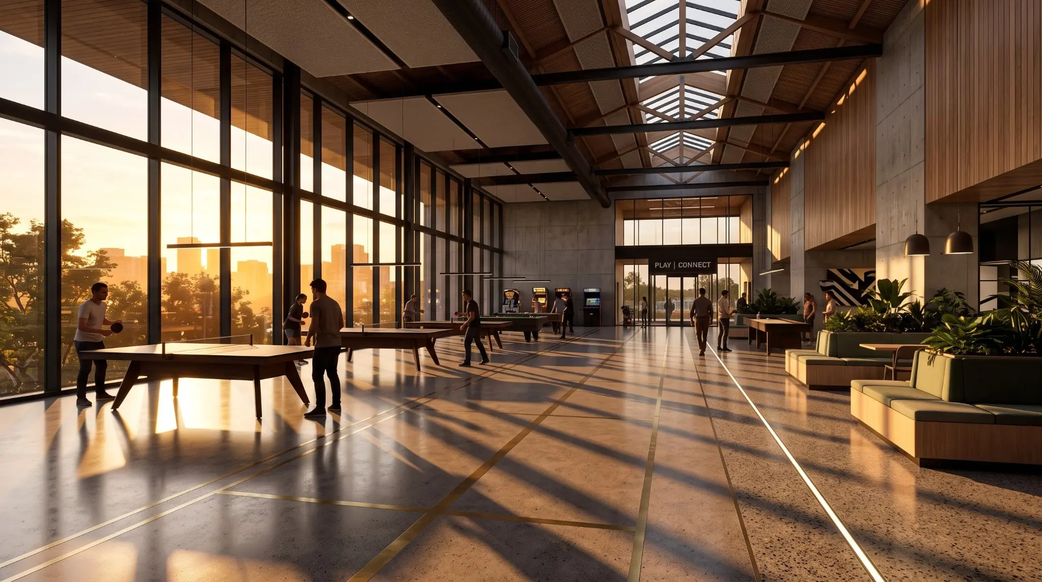 Double-height games hall with table tennis, arcade machines and warm sunset light through tall glazing