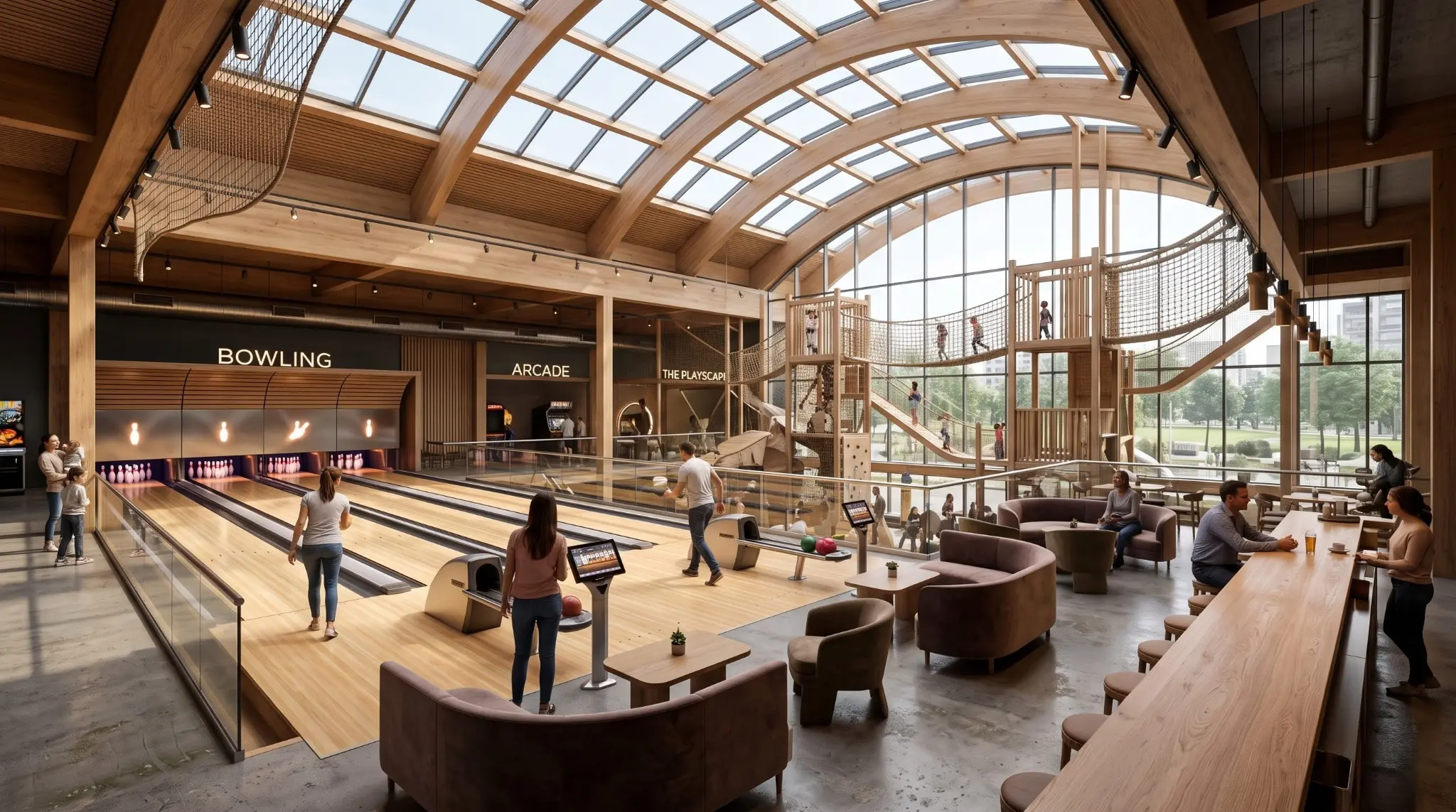 Large contemporary bowling and arcade hall with timber roof, social seating and panoramic glazing