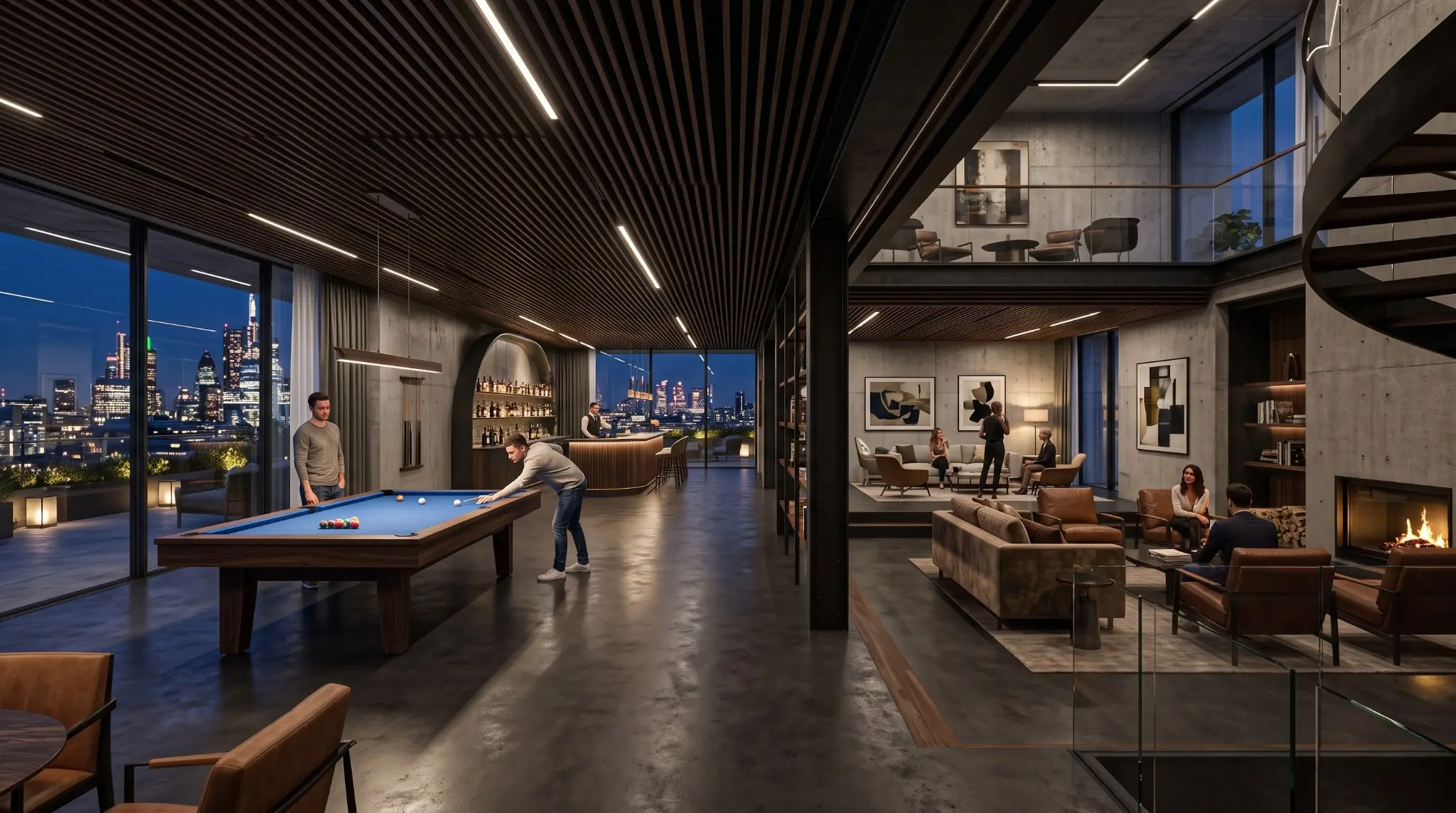 Double-height billiards loft with city skyline views, lounge seating and a dark timber ceiling
