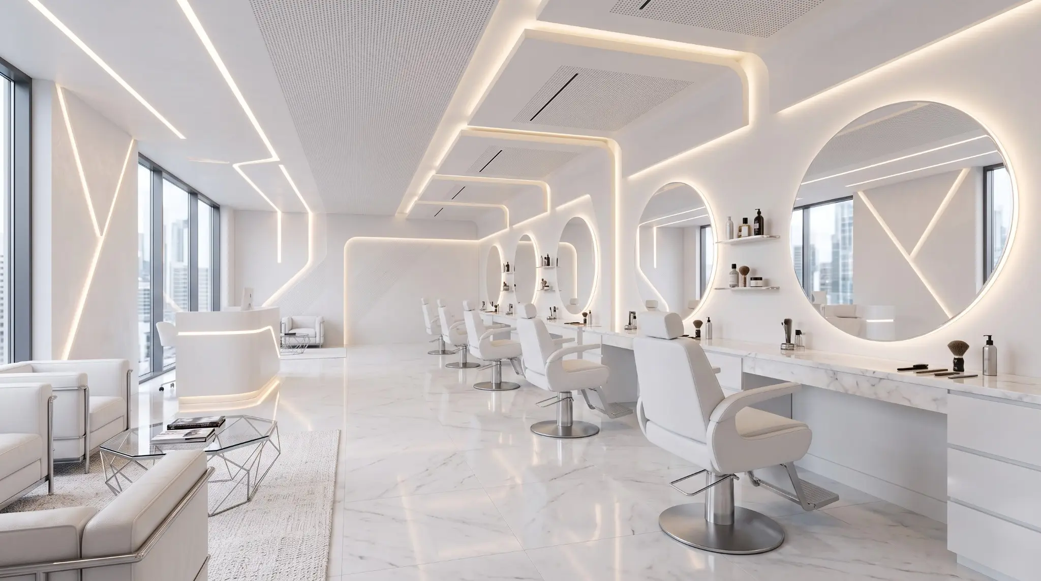 Wide view of a luminous white men's salon with curved mirrors and sculptural ceiling lighting