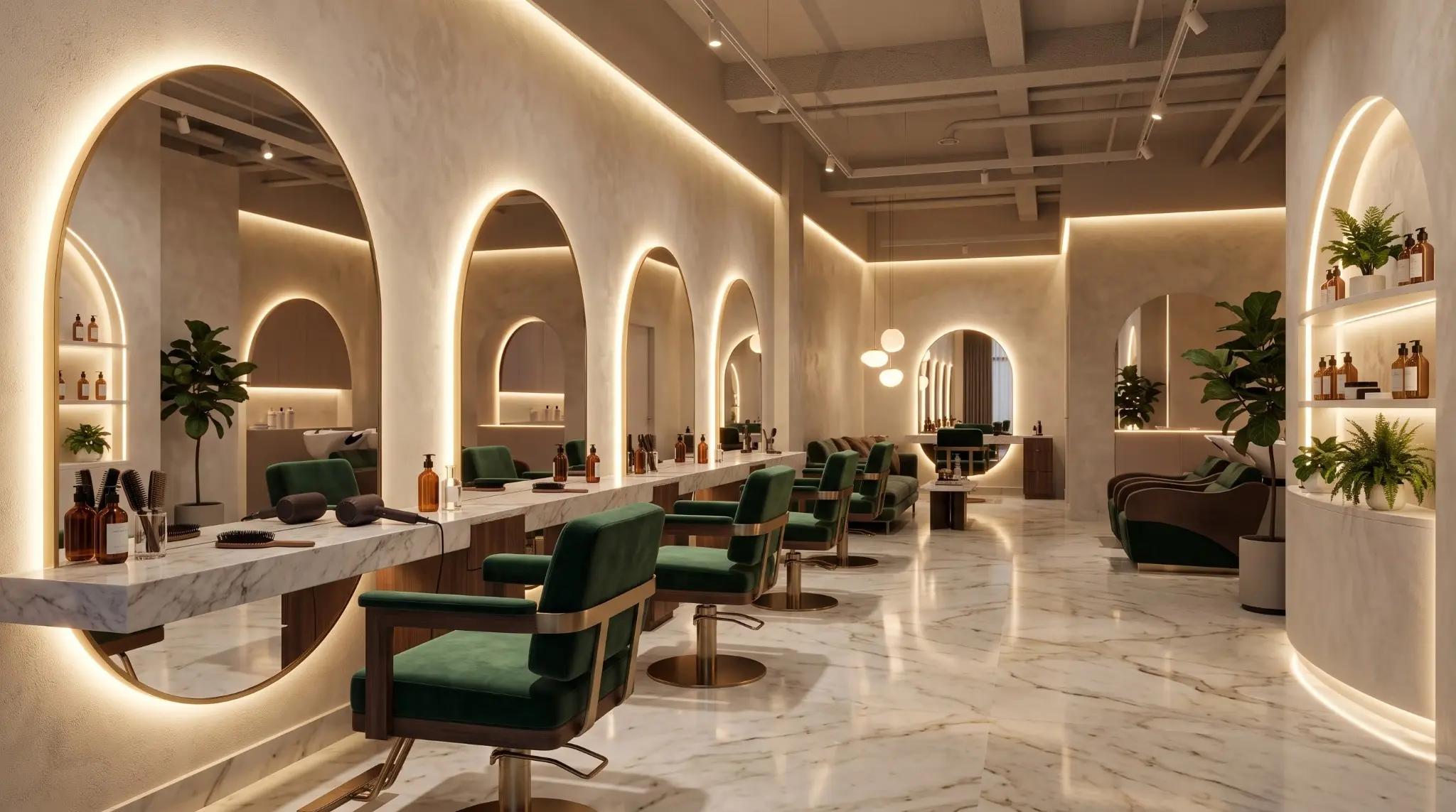 Warm beauty salon interior with sculpted arched mirrors, green chairs and pale marble surfaces
