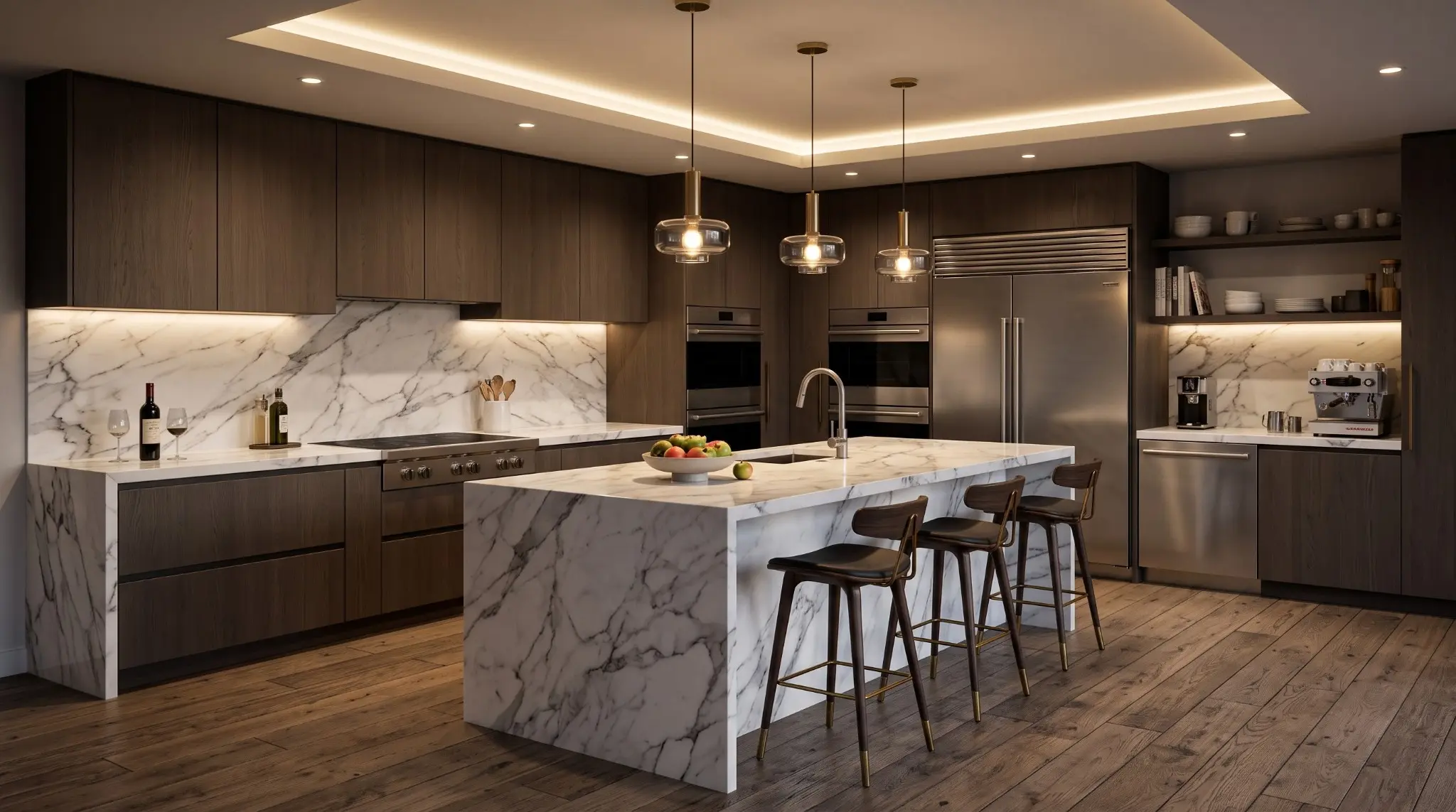 Modern dark timber kitchen with a marble island, pendant lights and integrated appliances