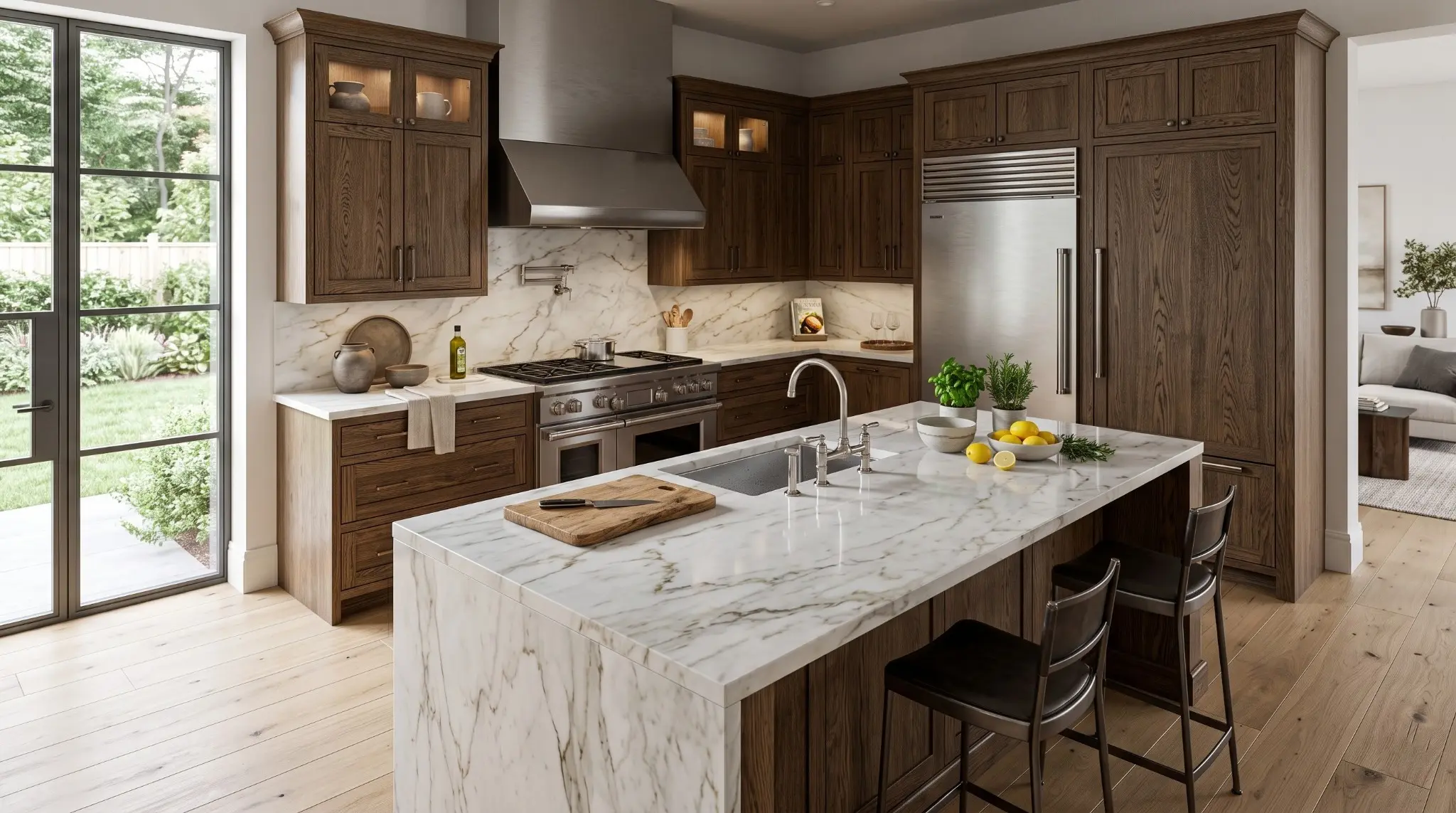Daylit timber kitchen with a large veined marble island, garden doors and stainless-steel appliances
